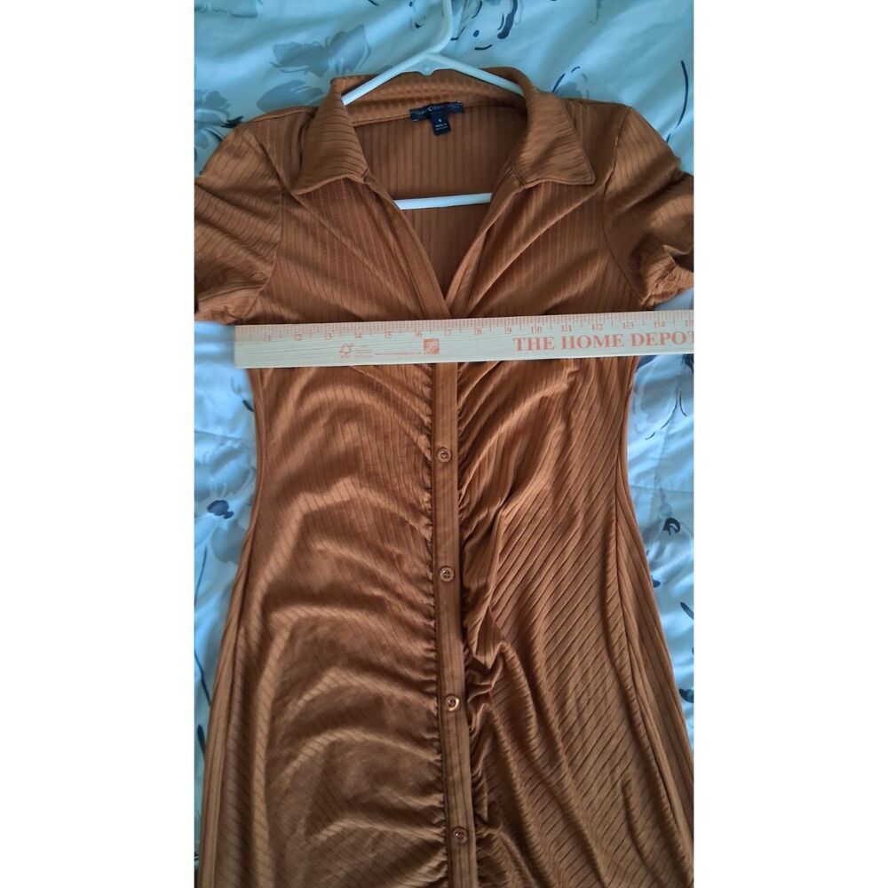 Timing Women’s Small Brown Ribbed Ruched Button Front Collared Bodycon Dress - Picture 6 of 6